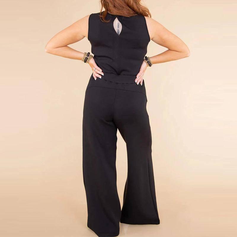 Solid Color Jumpsuit Sleeveless Tops Tie Elastic Pants-8
