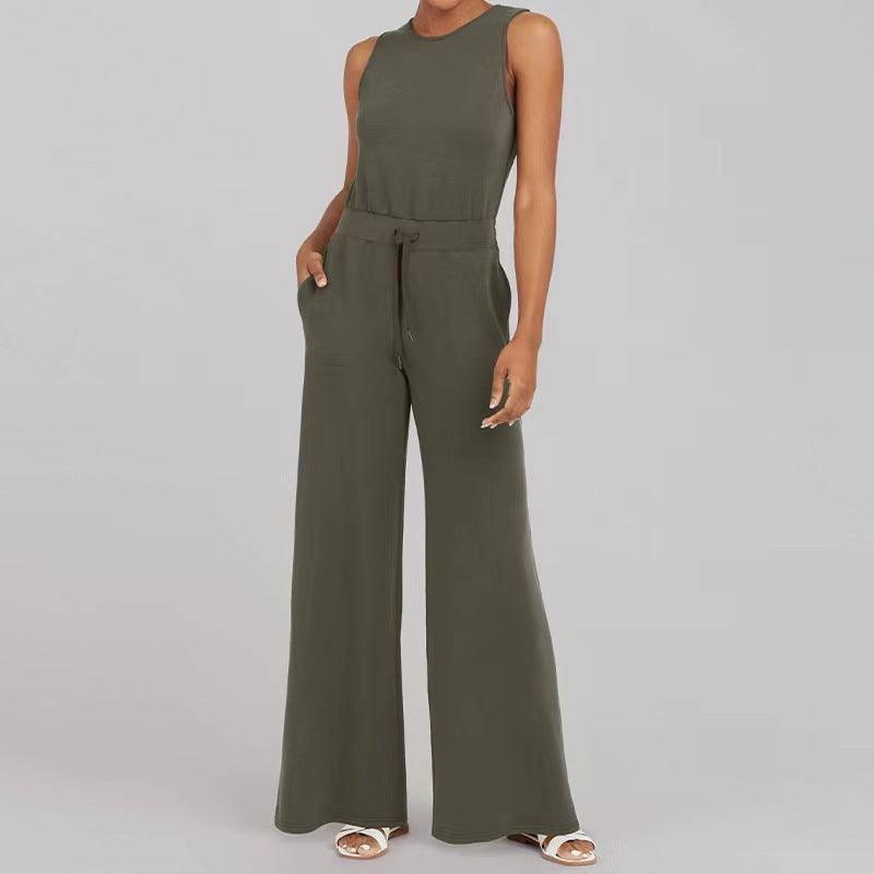 Solid Color Jumpsuit Sleeveless Tops Tie Elastic Pants-Green-9