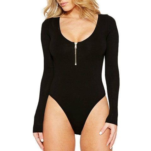 Solid Color Long Sleeve Open Crotch Tight Jumpsuit Zipper-1