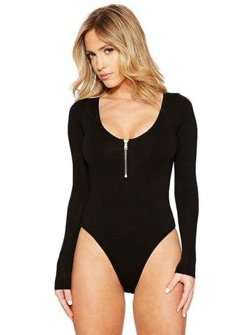Solid Color Long Sleeve Open Crotch Tight Jumpsuit Zipper-Black-2