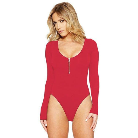 Solid Color Long Sleeve Open Crotch Tight Jumpsuit Zipper-Red-5