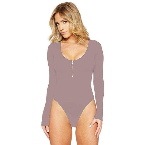 Solid Color Long Sleeve Open Crotch Tight Jumpsuit Zipper-Apricot-7