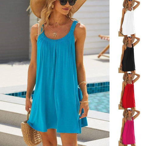 Solid Color Loose Beach Dress Casual Vacation Suspender-1