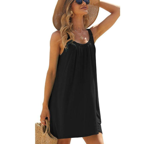 Solid Color Loose Beach Dress Casual Vacation Suspender-Black-2