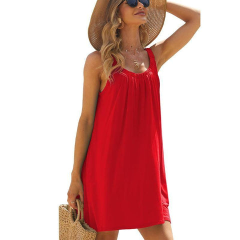 Solid Color Loose Beach Dress Casual Vacation Suspender-Red-5