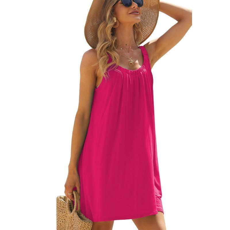 Solid Color Loose Beach Dress Casual Vacation Suspender-Rose Red-6