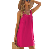 Solid Color Loose Beach Dress Casual Vacation Suspender-Rose Red-6