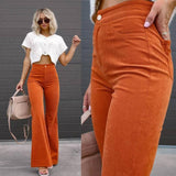 Solid Color Mid-waist Slim-fit Micro Flared Pants Corduroy-1