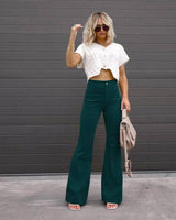 Solid Color Mid-waist Slim-fit Micro Flared Pants Corduroy-Green-13