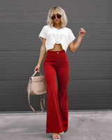 Solid Color Mid-waist Slim-fit Micro Flared Pants Corduroy-Wine Red-8