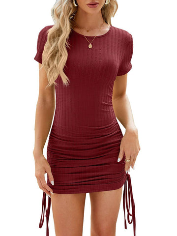 Solid Color Short-sleeved Slim Short Dress Fashion Round-Wine Red-4