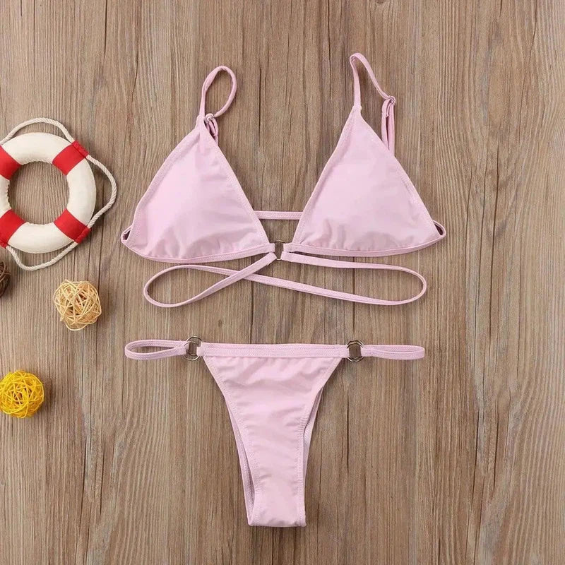 Solid color strap bikini-Pink-1