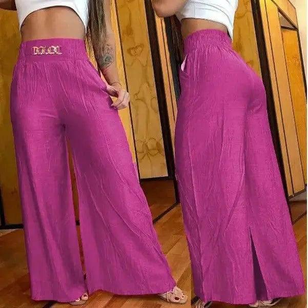 Solid Color White Wide-leg High-waisted Trousers Loose-Magenta-4