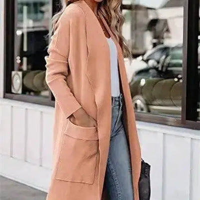 Solid Colour Long Cardigan Pocket Tweed Jacket-Pink-6