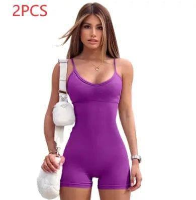 Spaghetti Strap Shorts Jumpsuit Sports Yoga Workout Tight-Purple-25