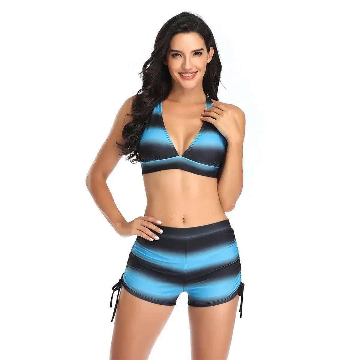 Split Striped Sexy Bikini Bijini Female Swimwear-Blue-4