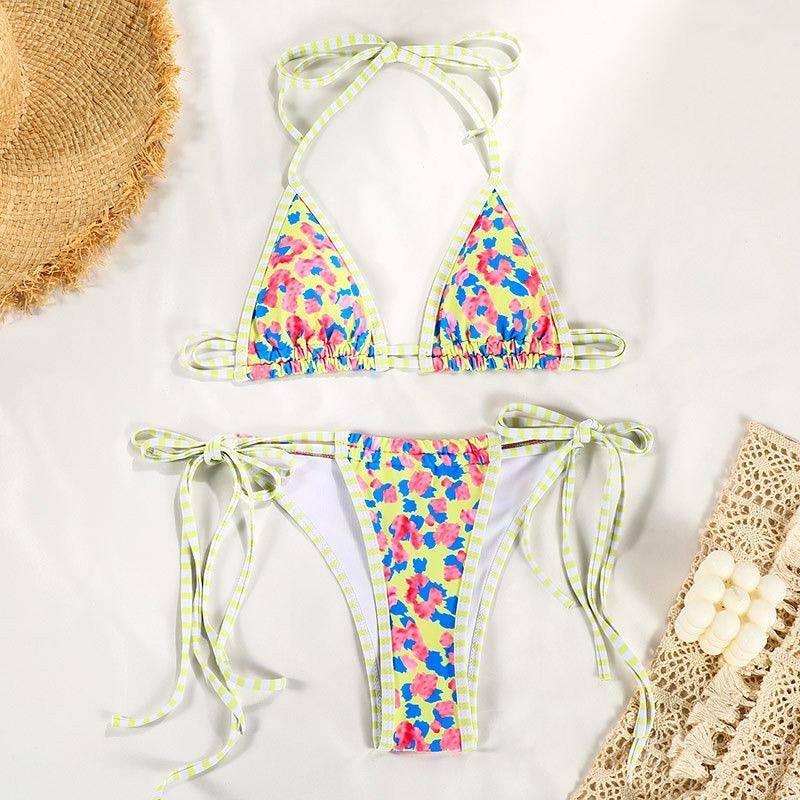 Split swimsuit women's contrasting print strap bikini-yellow-10