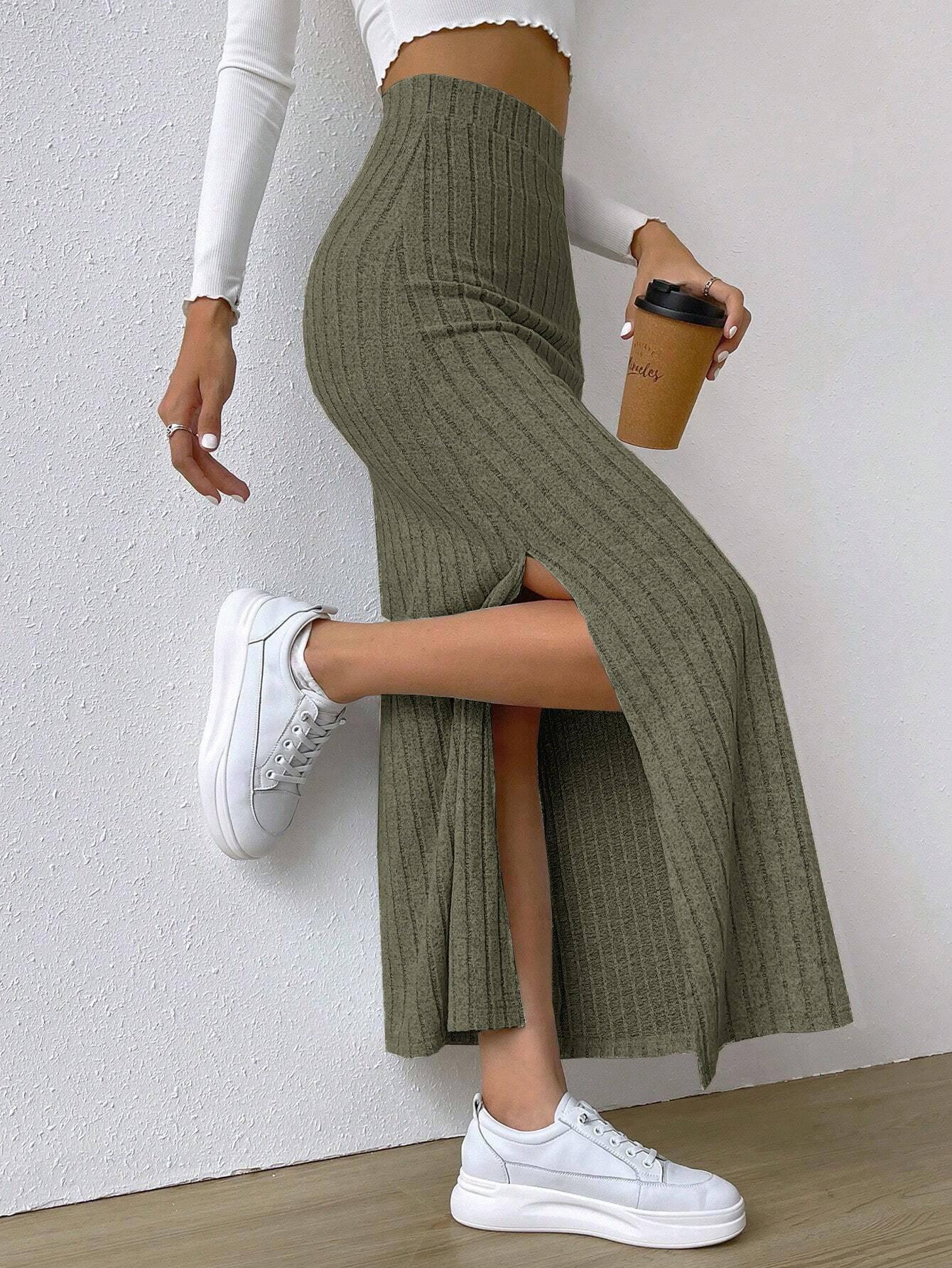 Spring Long Skirt High Waist Side Slit Slim Fit Knitted-4