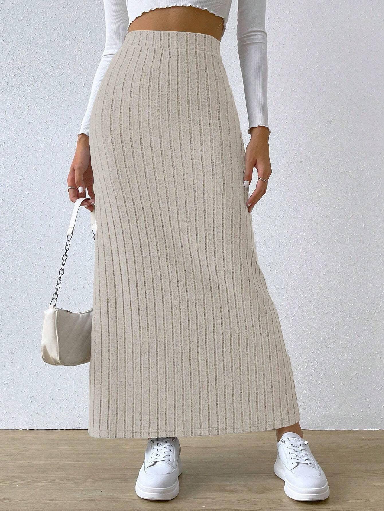 Spring Long Skirt High Waist Side Slit Slim Fit Knitted-Apricot-6