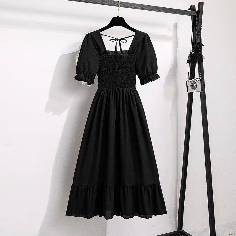 Spring Summer Chiffon Dresses Fashion Female Elastic Waist-black-12