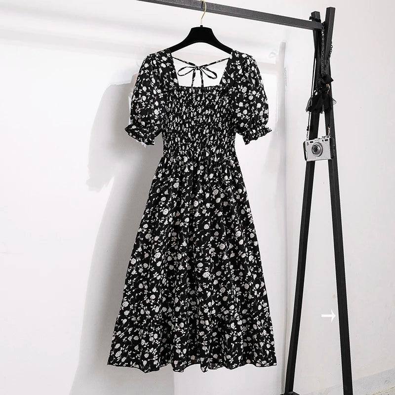 Spring Summer Chiffon Dresses Fashion Female Elastic Waist-heiseqianniuhua-21