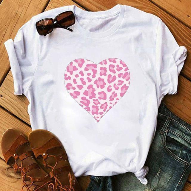 Spring Women's Cartoon Leopard Print Heart Printing T-shirt-10