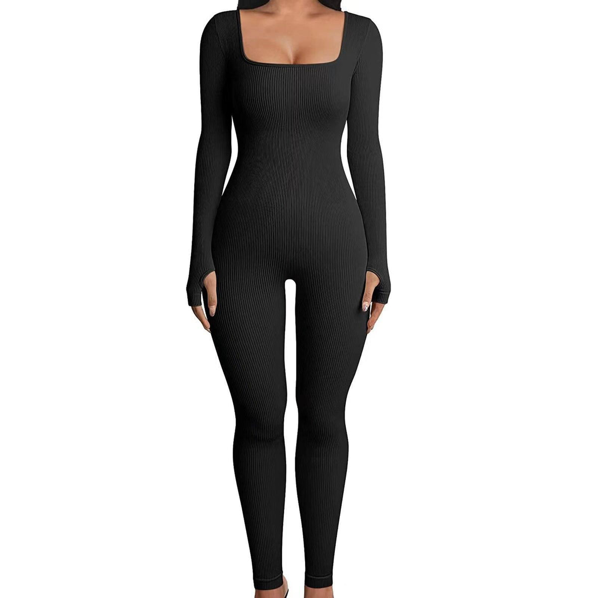 Square Neck And Buttocks Lifting Slim Fitting Jumpsuit-Black-10
