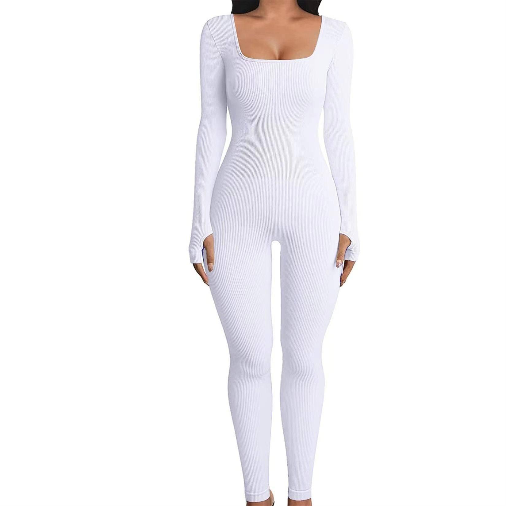 Square Neck And Buttocks Lifting Slim Fitting Jumpsuit-White-11