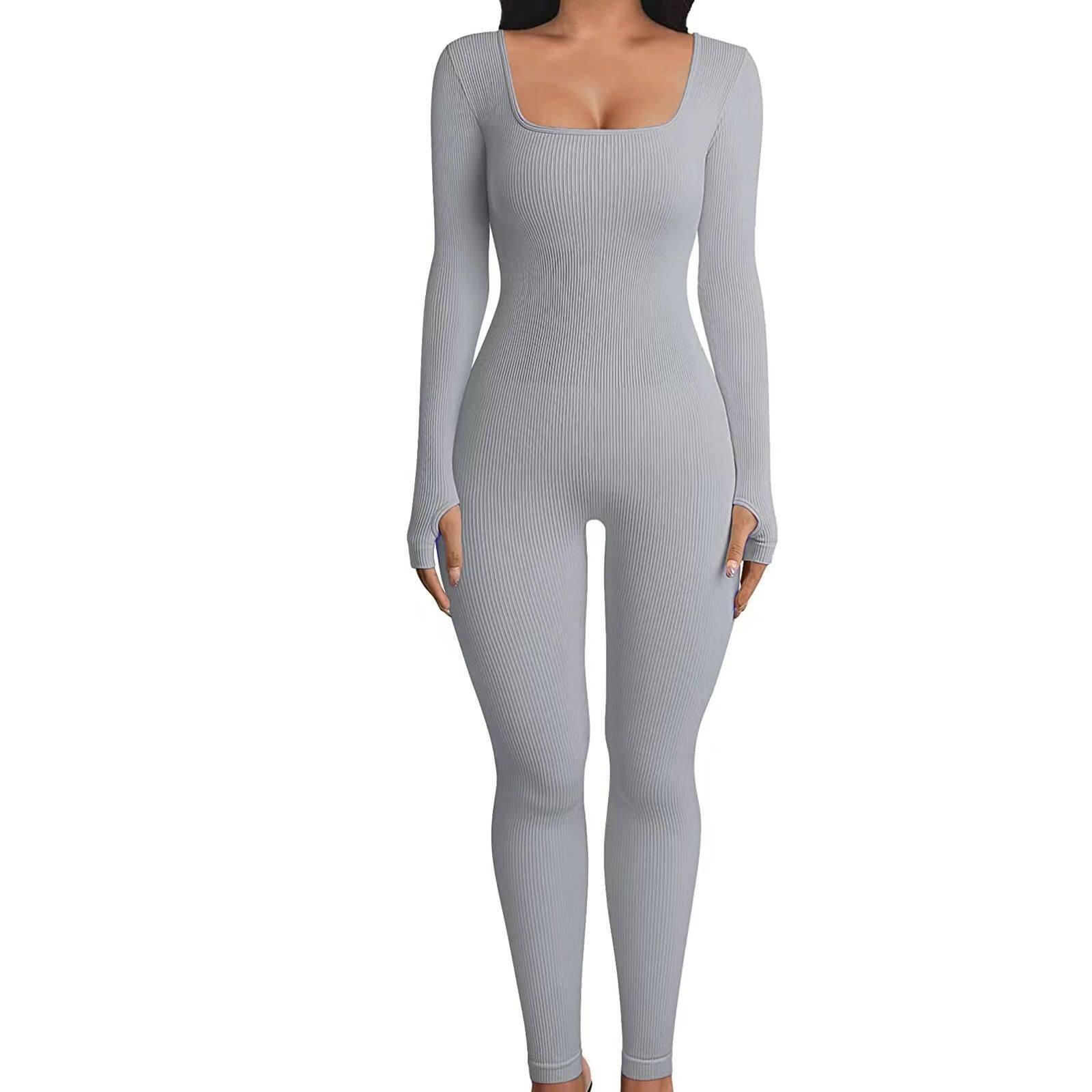 Square Neck And Buttocks Lifting Slim Fitting Jumpsuit-Light grey-13