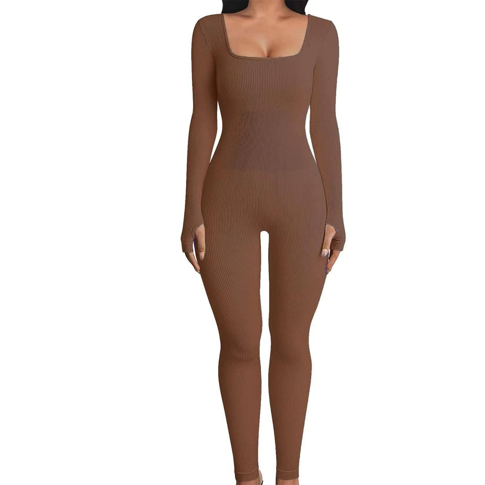 Square Neck And Buttocks Lifting Slim Fitting Jumpsuit-Brown-15