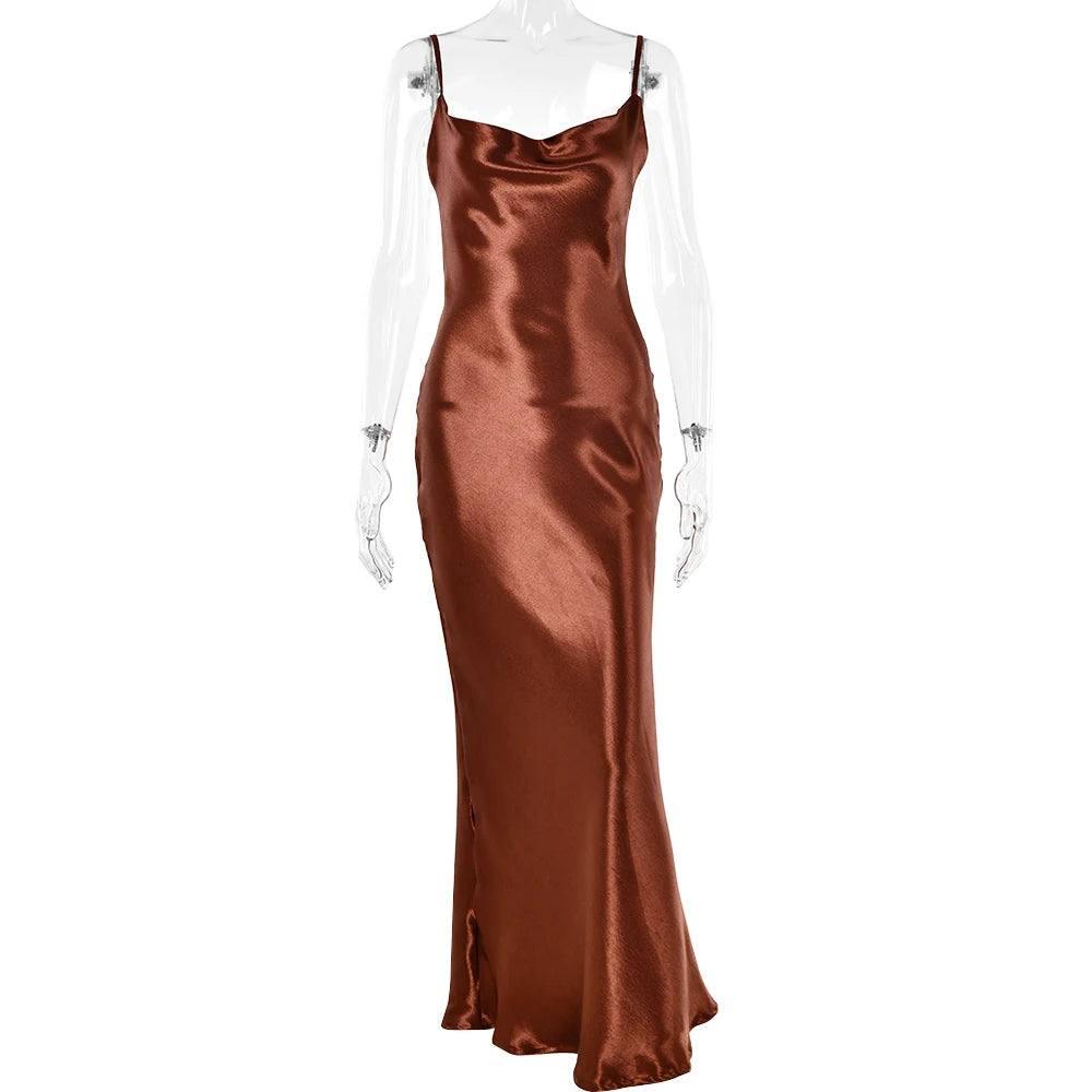 Strap Backless Summer Dress Women Satin Lace Up-brown-12