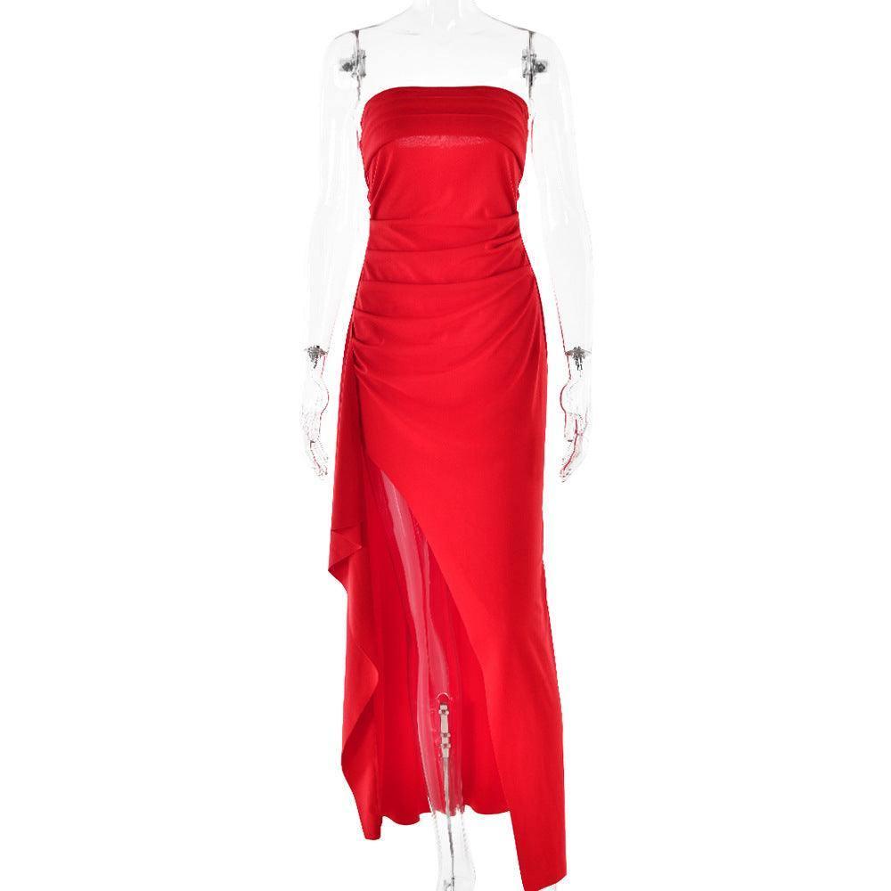 Strapless Split Long Dress Summer Fashion Pleated Bridesmaid-Red-10