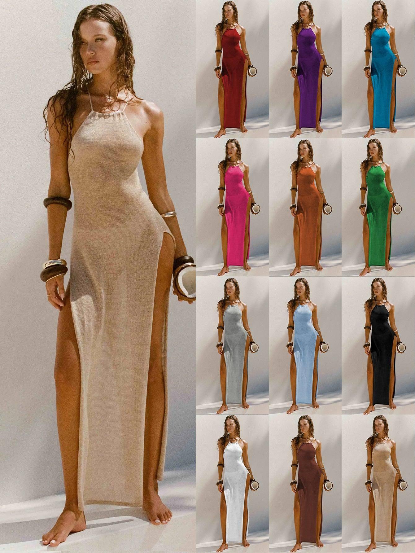 Strappy Halterneck Long Dress With Double Side Slits Design-1