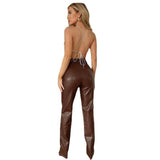 Stretch Leather Pants Women Casual PU Leather Pants Trousers-3