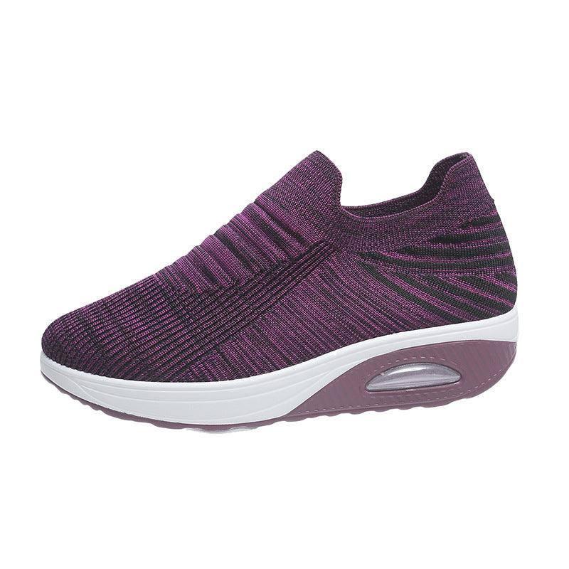 New Stripe Design Shoes Fashion Slip On Air Cushion Shoes Breathable Round-toe Flats Women-Dark Purple-6