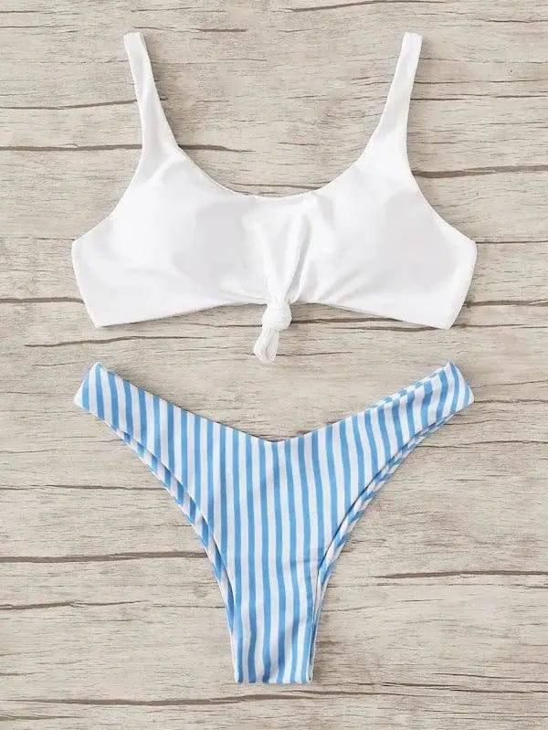 Striped printed bikini split swimsuit-Blue-5