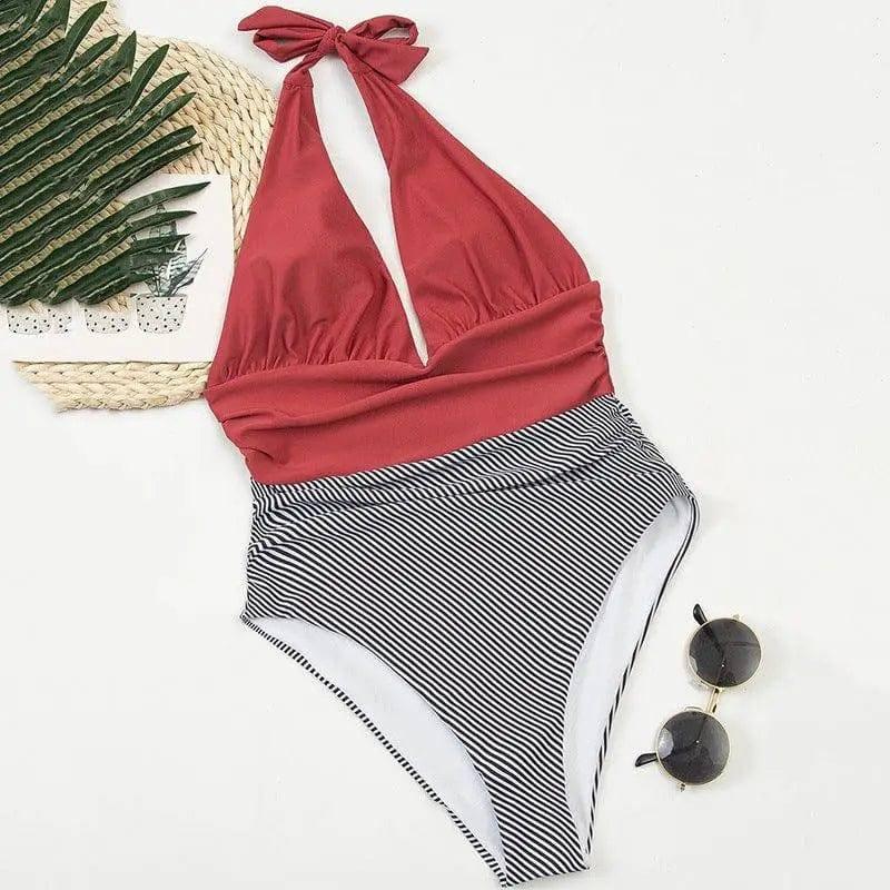 Striped Bikini With Backless European And American-Red-3