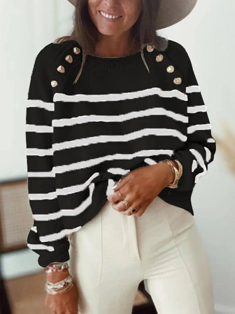 Striped Sweater Pullover Shoulder Button Sweater Women-1