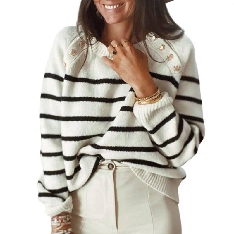 Striped Sweater Pullover Shoulder Button Sweater Women-White-3