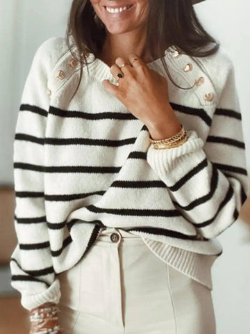 Striped Sweater Pullover Shoulder Button Sweater Women-5