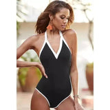 Striped V-Neck Bikini Backless One Piece-Black-1