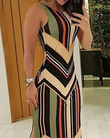 Colorful Striped Print Side Slit Maxi Dress Women-4