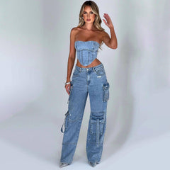 Stylish Denim Outfit: Trendy Strapless Top & Cargo Jeans-Blue-1