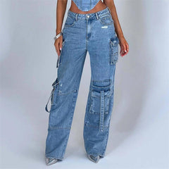 Stylish Denim Outfit: Trendy Strapless Top & Cargo Jeans-Blue Pants-3