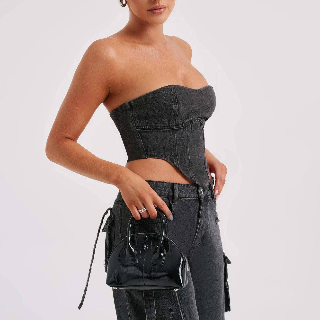Stylish Denim Outfit: Trendy Strapless Top & Cargo Jeans-Black-6