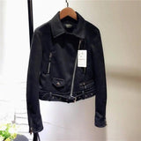 Suede leather women motorcycle leather plush fleece jacket-Black-6