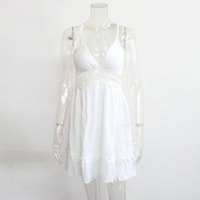 Summer Boho Dress Women Crochet Lace Ruffle Beach Dresses V-White-9