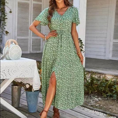 Summer drawstring slit holiday dress long dress-green-5