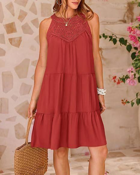 Summer Halterneck A-line Dress With Flower Hollow Lace-Red-10