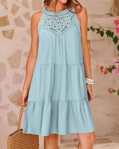 Summer Halterneck A-line Dress With Flower Hollow Lace-Light Green-2